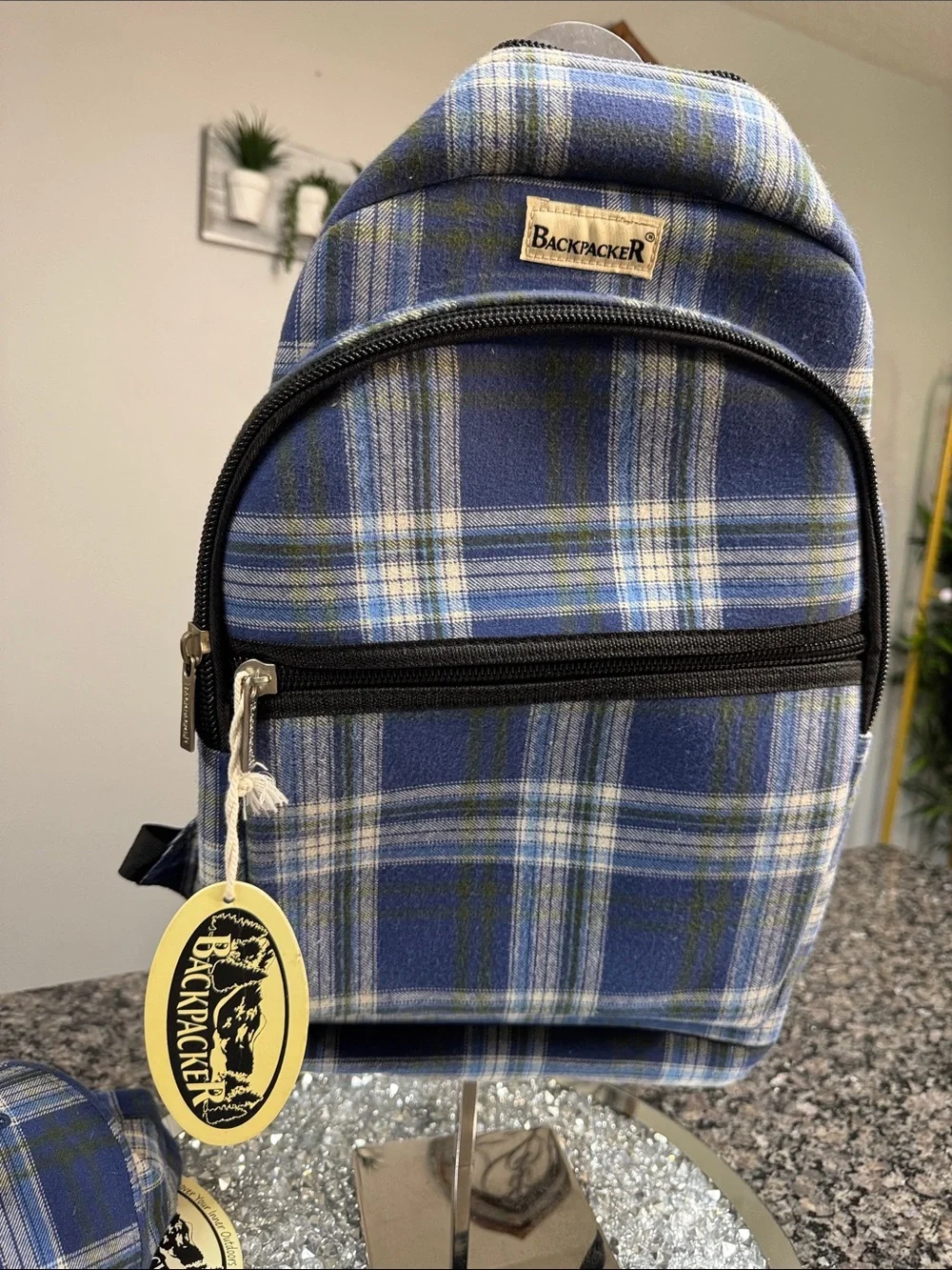 Backpacker Blue Plaid full size Backpack with Matching Cap NWT